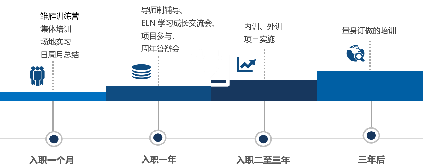 雏雁训练营\\n导师制辅导、\\nELN学习成长交流会、\\n内训、外训\\n集体培训\\n量身订做的培训\\n项目参与、\\n项目实施\\n场地实习\\n日周月总结\\n周年答辩会\\n入职一个月\\n入职一年\\n入职二至三年\\n三年后\\n